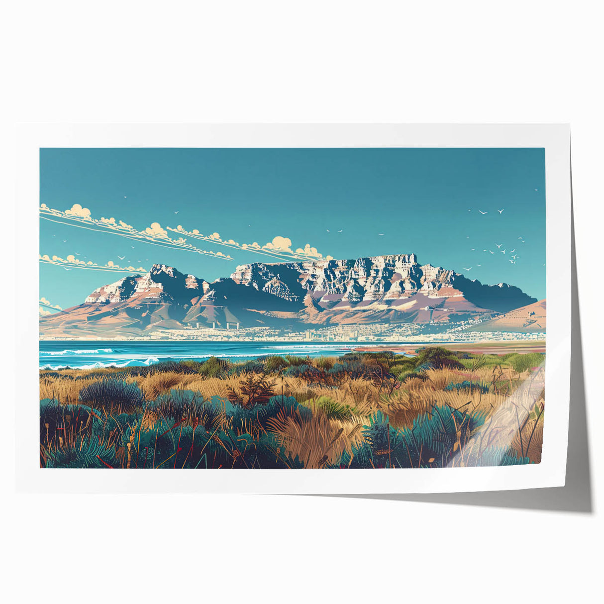 Extra large rolled print of African scenery with vibrant floral elements, ideal for art wall dining room.