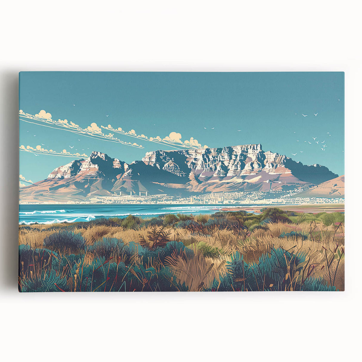 Black and white stretched canvas featuring a large African savannah scene, ideal for kitchen wall art or bedroom ambiance.