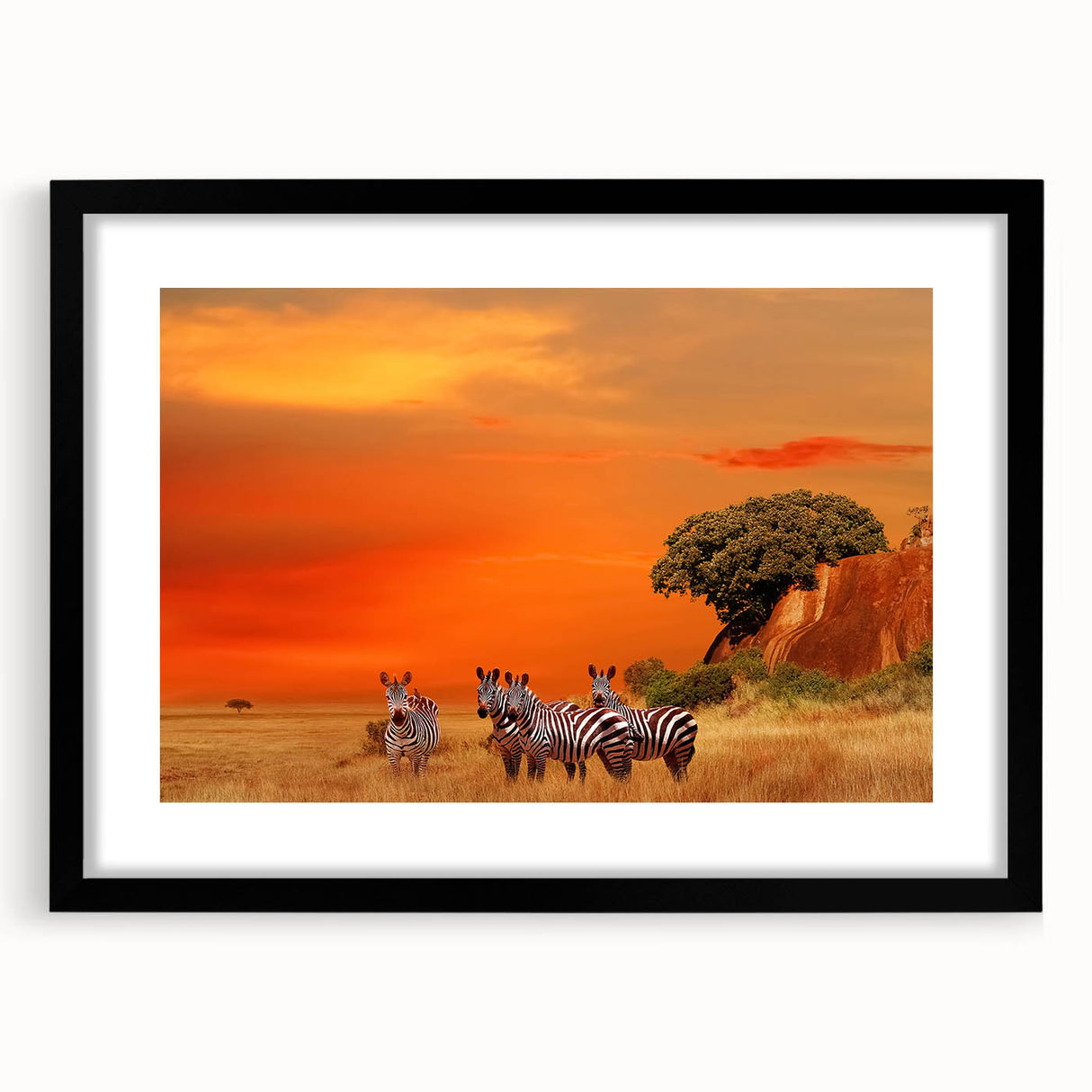 Extra large abstract art print depicting a colorful, textured African landscape on a framed black mat.