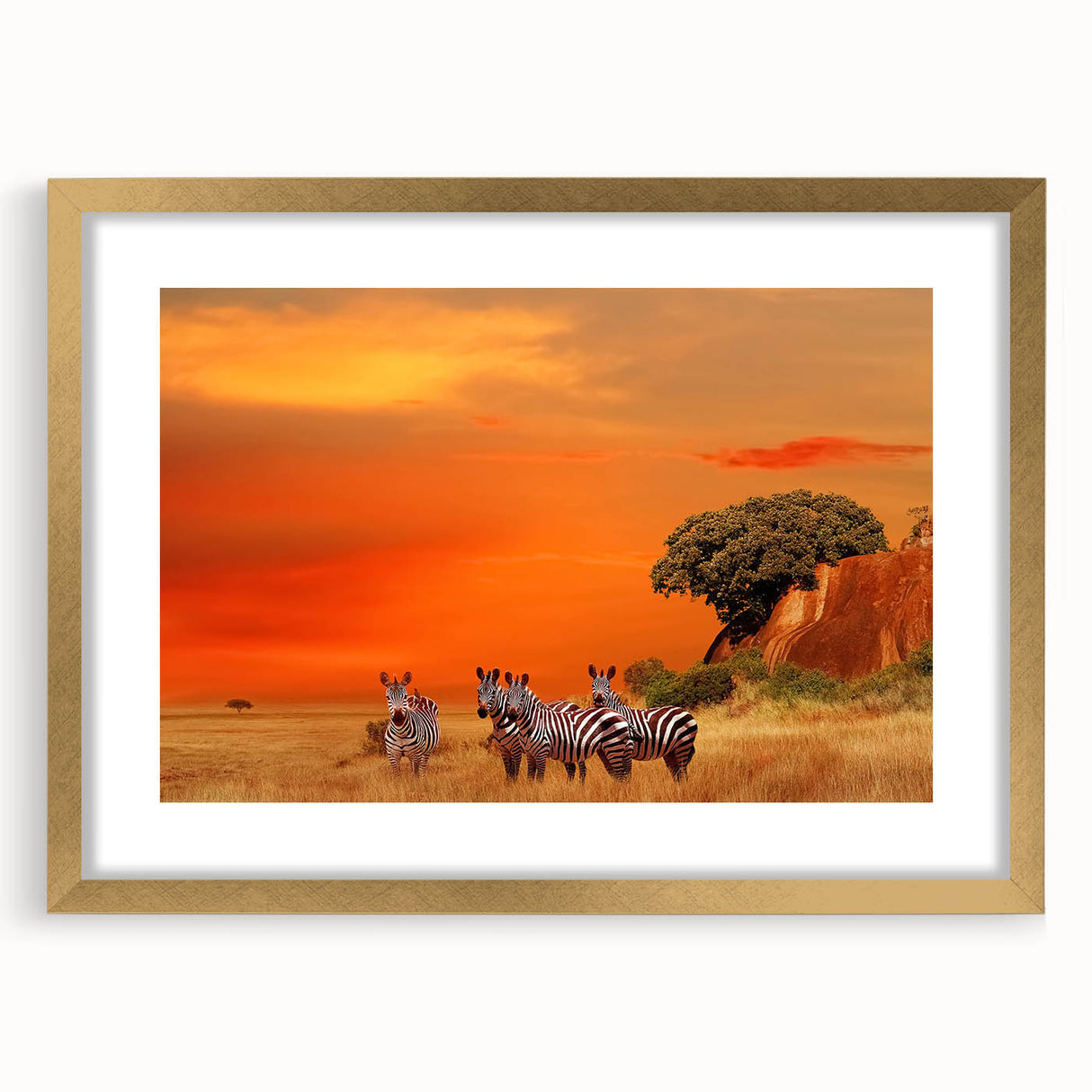 Extra large abstract art print featuring textured scenery of Tanzania in muted earth tones, framed in gold.