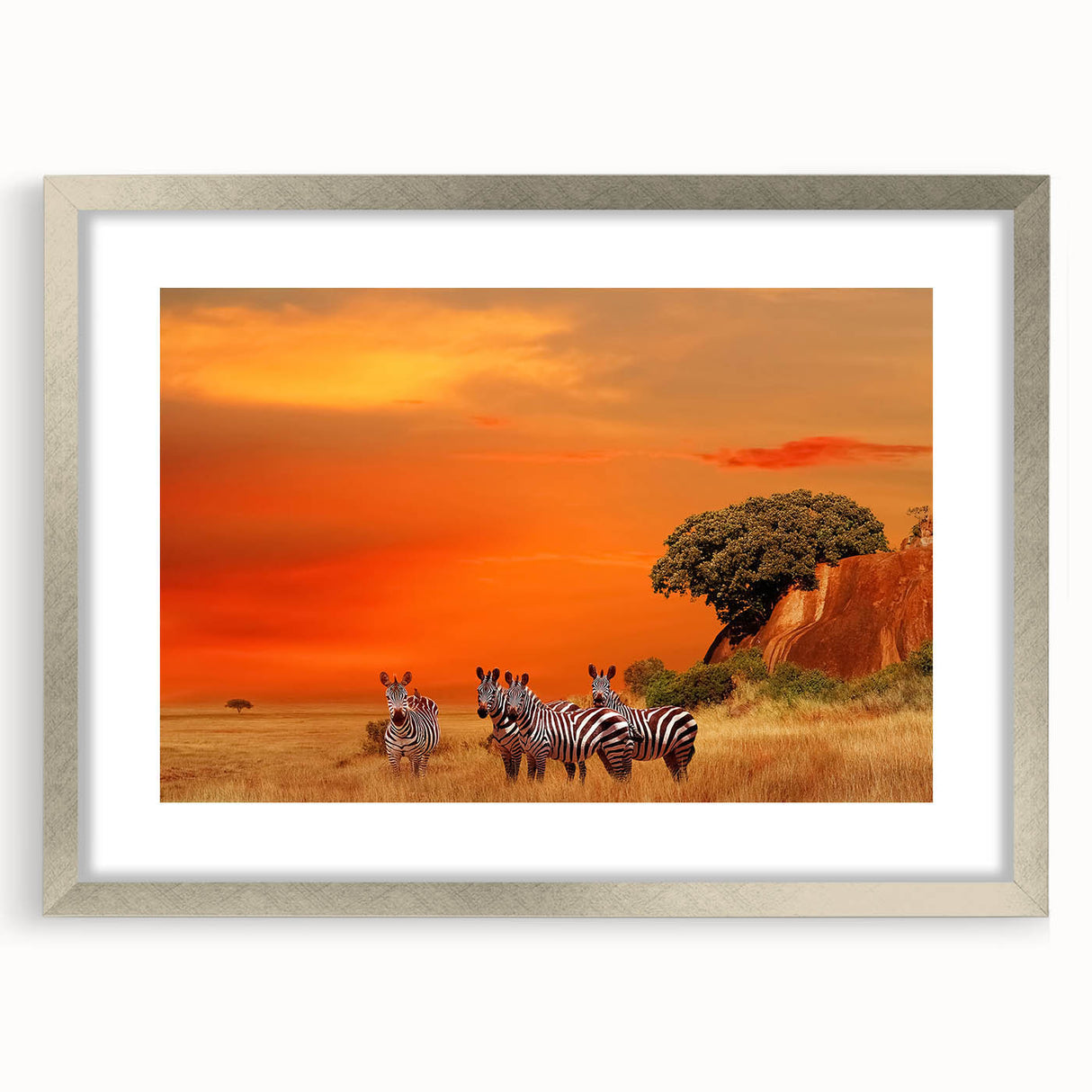 Textured abstract art print of African scenery in muted earth tones on a silver-framed canvas, suited for bedroom decor.