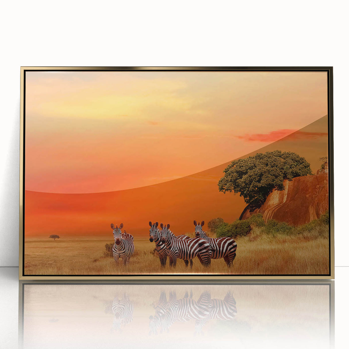 Large art print of a Tanzanian scenery in mid-century modernist style, framed in acrylic with golden hues.