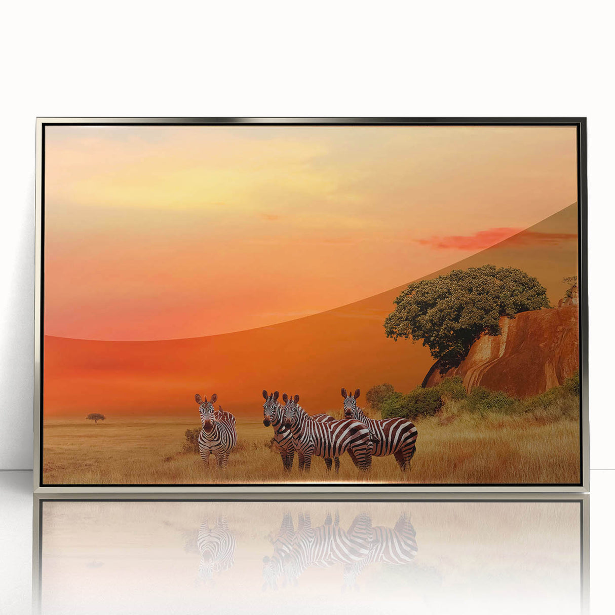 Mid-century modernist art depicting a serene Tanzanian landscape in acrylic, framed in silver.