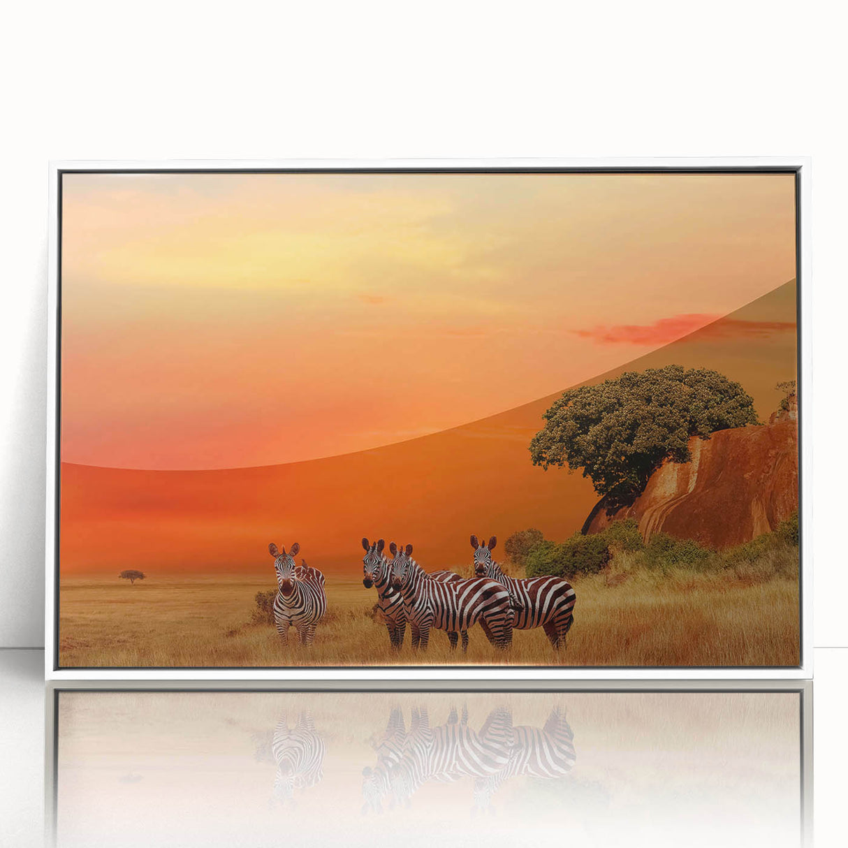 Acrylic print of a Tanzanian landscape in muted earth tones, framed in white, suitable for modern art wall decor.
