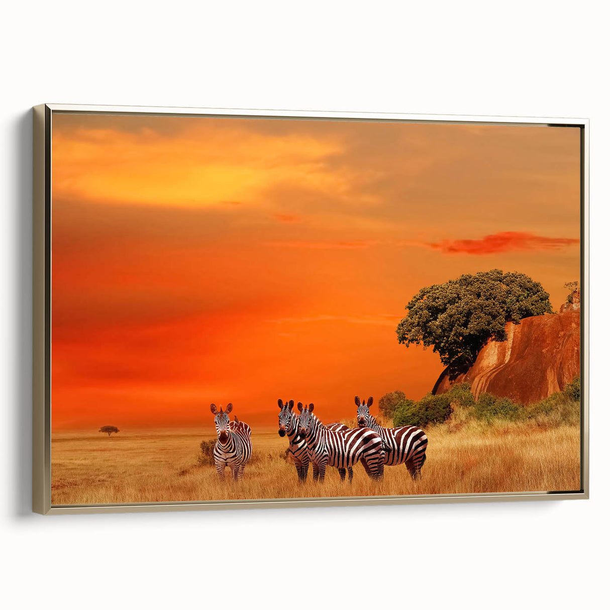Framed canvas wall art featuring a vintage-style landscape painting of Tanzania with black and gold tones.