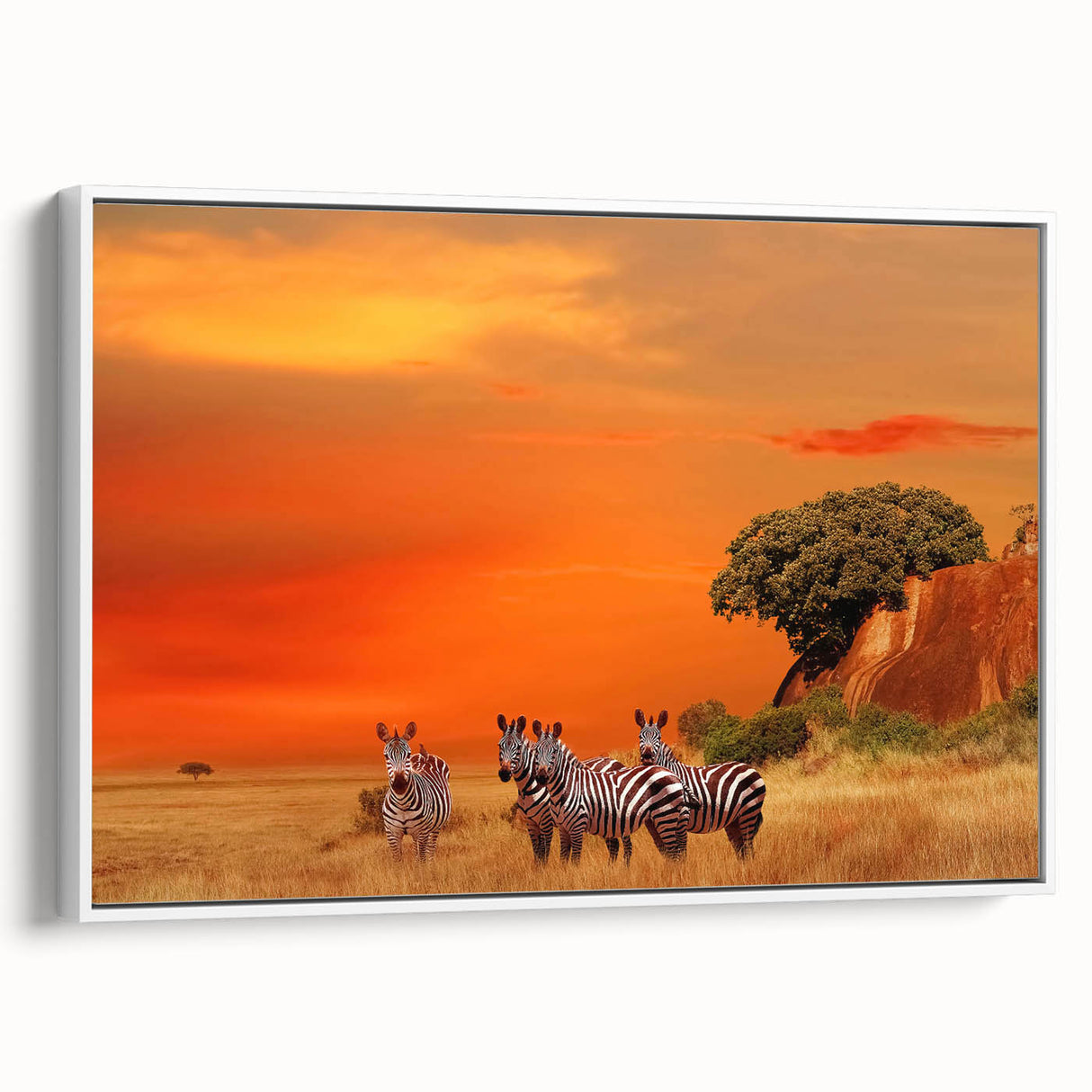 Vintage poster art of a Tanzanian scenery on framed canvas, featuring vibrant colors, ideal for living room decor.
