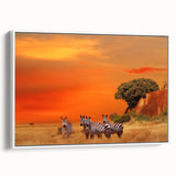 Vintage poster art of a Tanzanian scenery on framed canvas, featuring vibrant colors, ideal for living room decor.