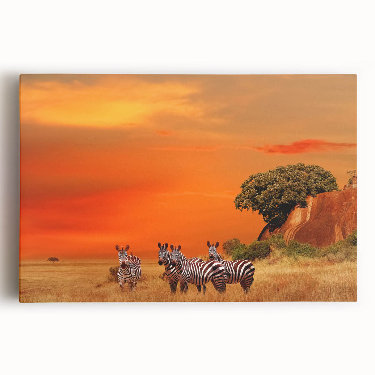 Black and white stretched canvas depicting a serene Tanzanian landscape, ideal for kitchen wall art.
