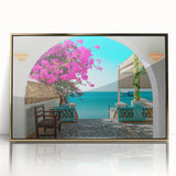 Large art print of a Tunisian landscape on framed acrylic, featuring mid-century modernist style with gold and earth tones.