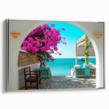 Framed canvas landscape art painting depicting a Tunisian scenery in colorful hues, ideal for living room decor.