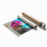 Extra large rolled print featuring a Tunisian landscape with vibrant floral elements, ideal for classy bathroom wall art.