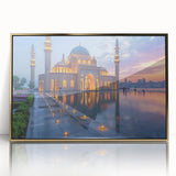Large acrylic print featuring a minimalist Azerbaijan landscape in muted earth tones, framed in gold.