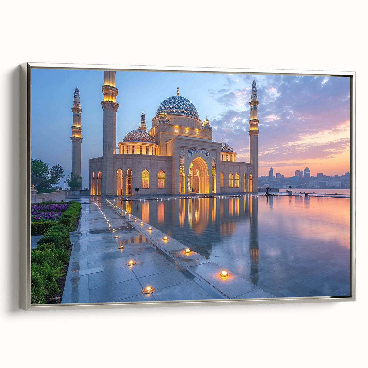 Landscape art painting of an Azerbaijani scenery on a framed canvas, featuring muted earth tones with a vintage poster style.