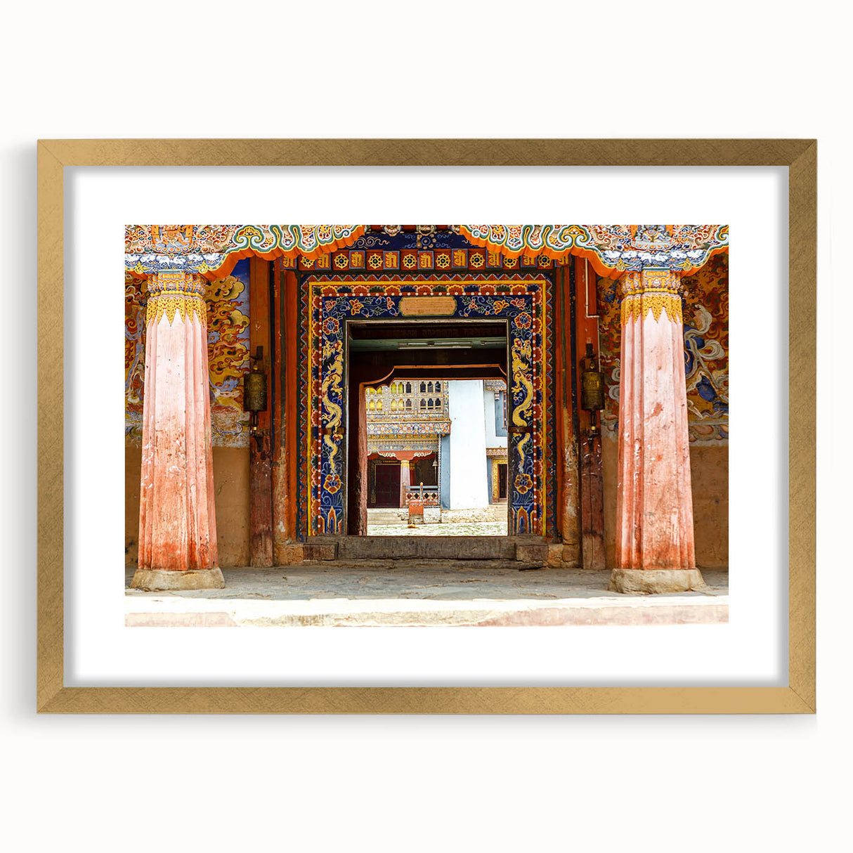 Extra large wall art depicting an abstract Bhutanese landscape in textured gold tones, ideal for living room decor.