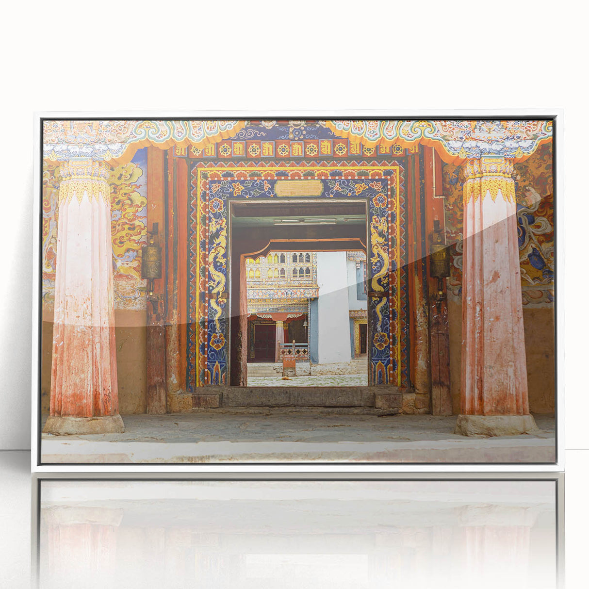 Acrylic print of a serene Bhutanese landscape in soft pastel shades, framed in white, ideal for nursery wall art.