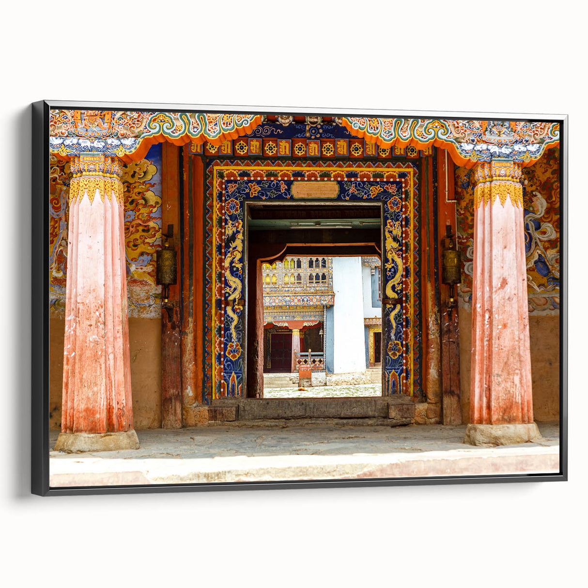 Black and white framed canvas featuring a vintage-style landscape of Bhutan, ideal for bedroom wall decor.