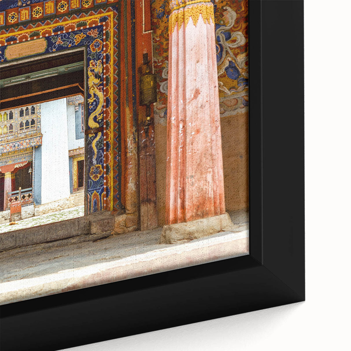Extra large framed canvas featuring a textured, colorful Bhutanese landscape in muted earth tones.