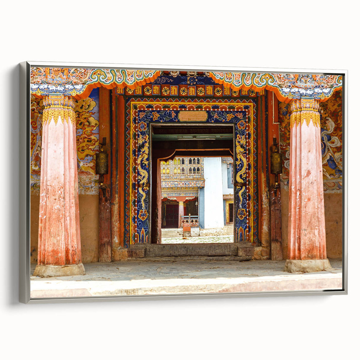 Framed canvas landscape art painting depicting a serene Bhutanese scenery in vibrant colors, ideal for living room decor.