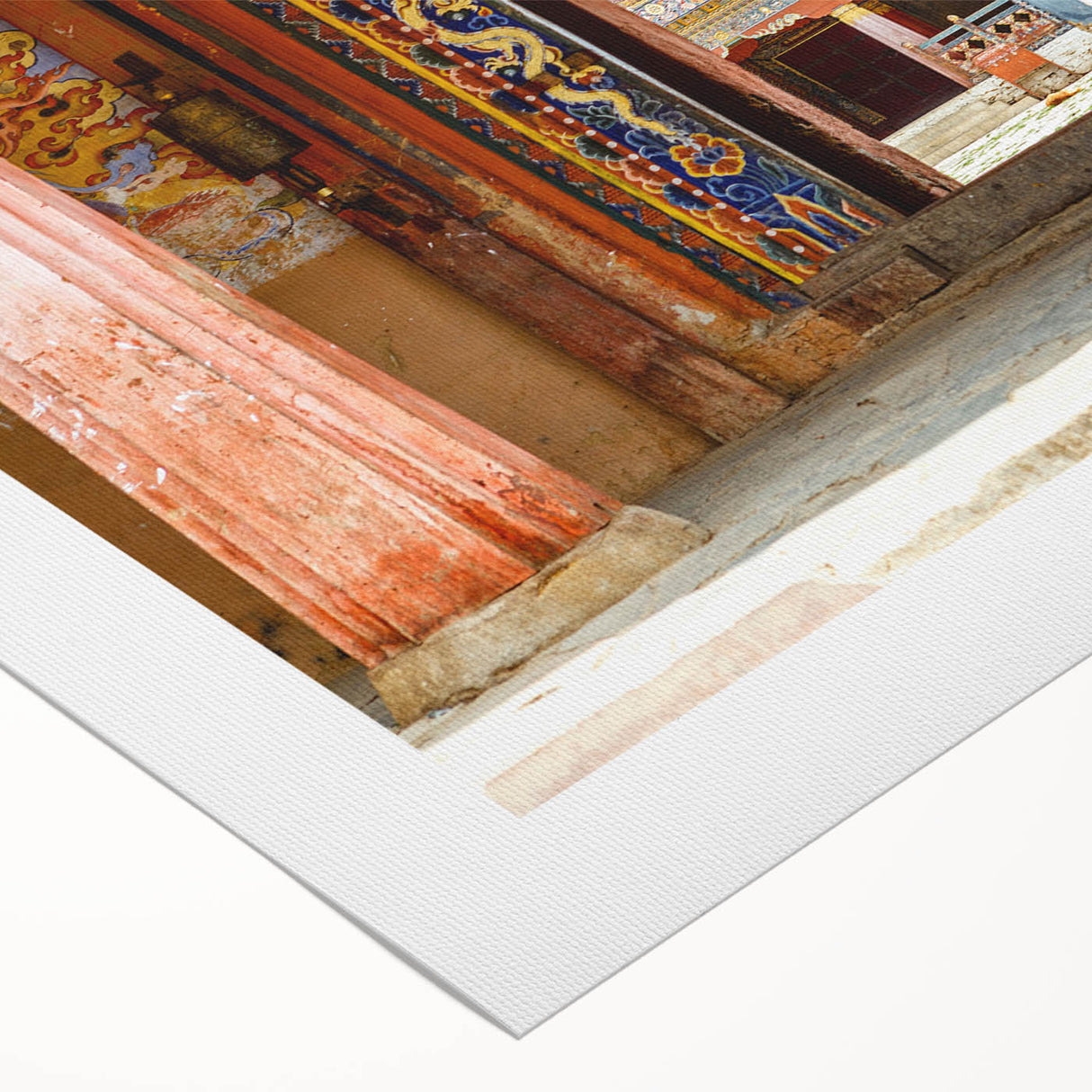 Art deco poster of a serene Bhutanese landscape in muted earth tones on rolled canvas, suitable for dining room decor.