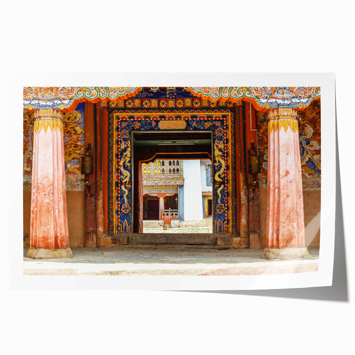 Extra large rolled print of a Bhutanese landscape with vibrant green and blue tones, ideal for art wall dining room.