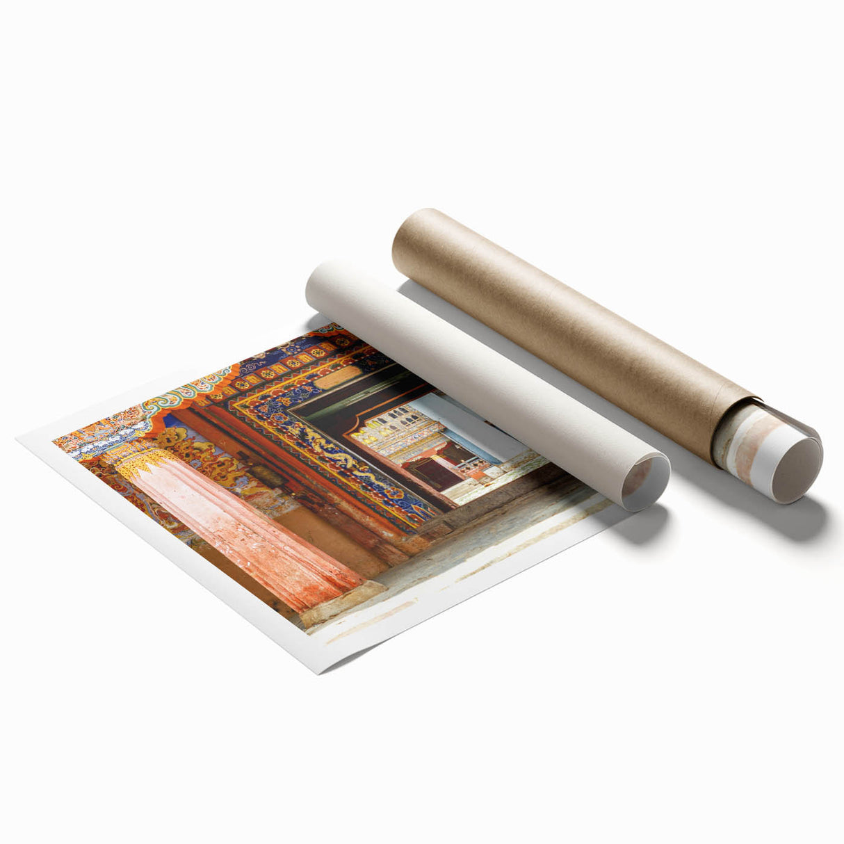 Extra large rolled print of a Bhutanese landscape with vibrant floral foreground.