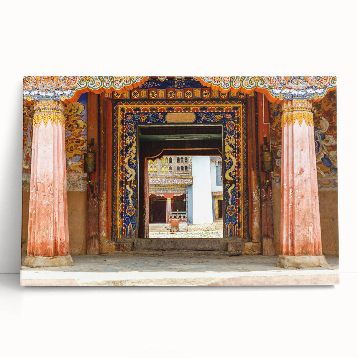 Black and white photograph of Bhutanese landscape on stretched canvas, suitable as large kitchen wall art or bedroom decor.