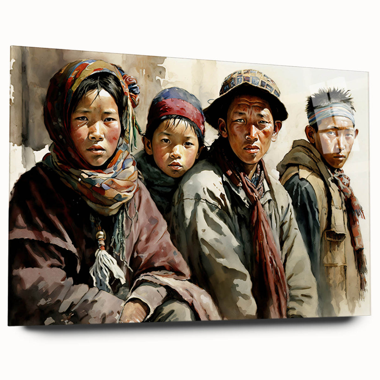 Acrylic glass print of a Tibetan landscape in muted earth tones, ideal for bedroom or dining room art.