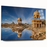 Large abstract wall art of an Indian scenery in muted earth tones on acrylic glass.