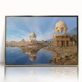 Large acrylic print of an Indian landscape in gold tones, framed, ideal for modern art wall decor.
