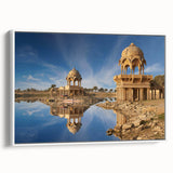 Vintage poster art of a colorful Indian scenery on an extra-large framed canvas, ideal for living room decor.