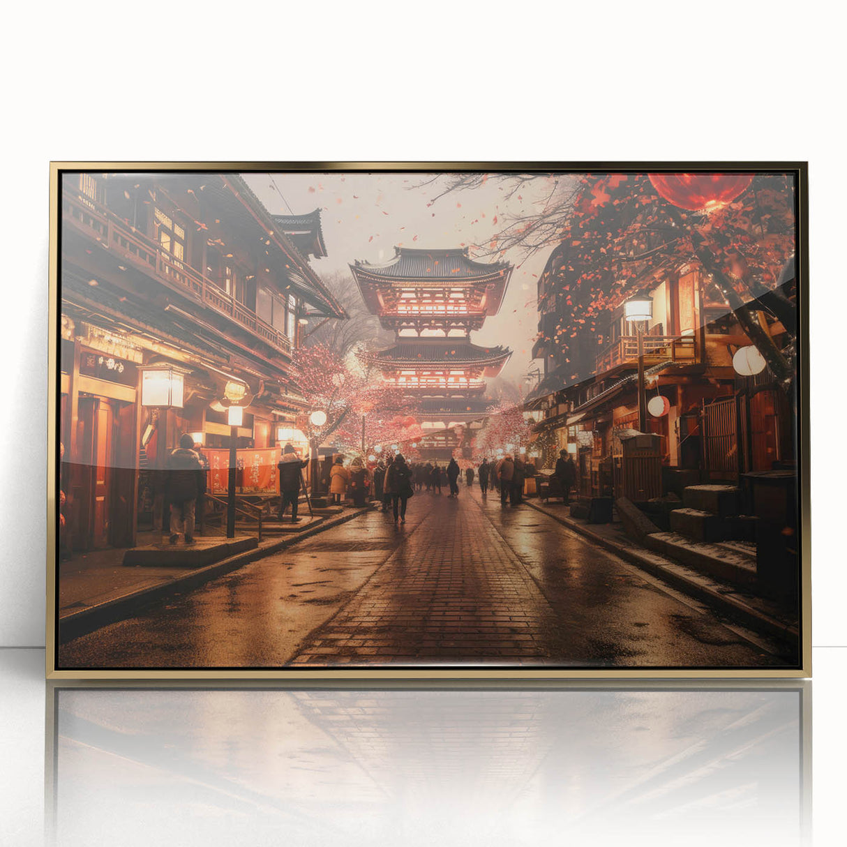 Large art print of Kyoto scenery in mid-century modernist style with muted gold and green tones on framed acrylic.