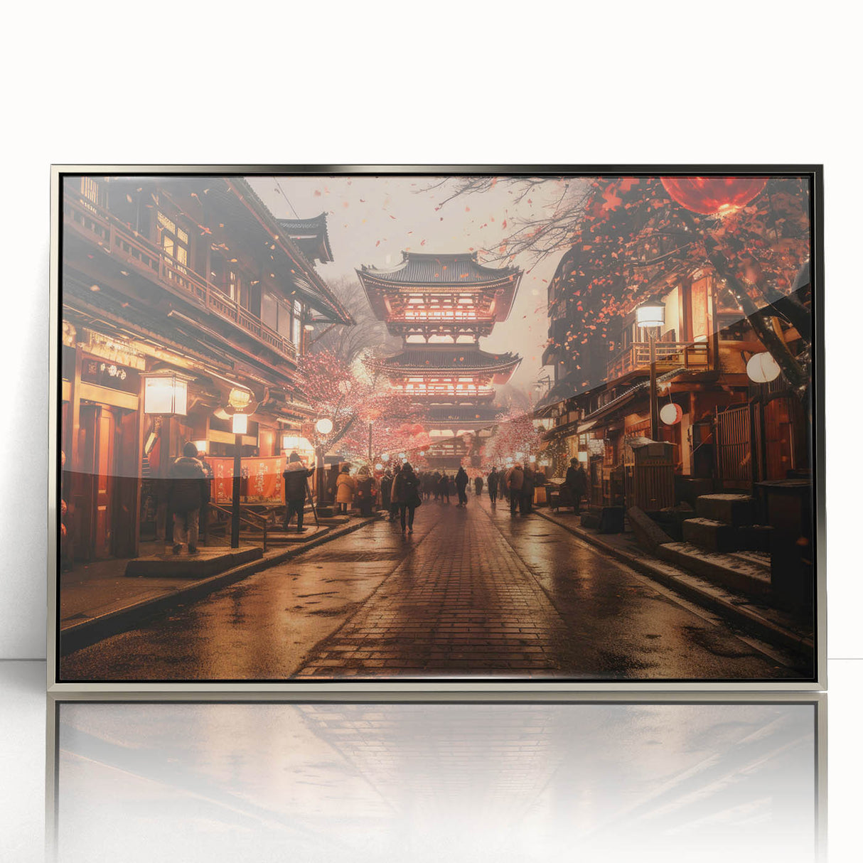 Mid-century modernist art depicting a serene Kyoto landscape in soft pastel shades on a silver-framed acrylic print.