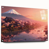 Large abstract wall art of an Asian scenery in muted earth tones on acrylic glass, ideal for bedroom or dining room decor.