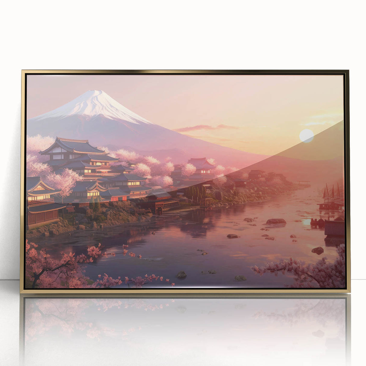 Large art print of a Japanese scenery in gold tones on a framed acrylic, suitable for modern art wall decor.