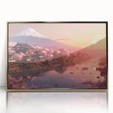 Large art print of a Japanese scenery in gold tones on a framed acrylic, suitable for modern art wall decor.