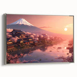 Framed canvas featuring a vintage-style Japanese landscape painting in colorful hues.