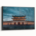 Black and white framed canvas of a vintage Korean landscape, ideal for bedroom wall decor.