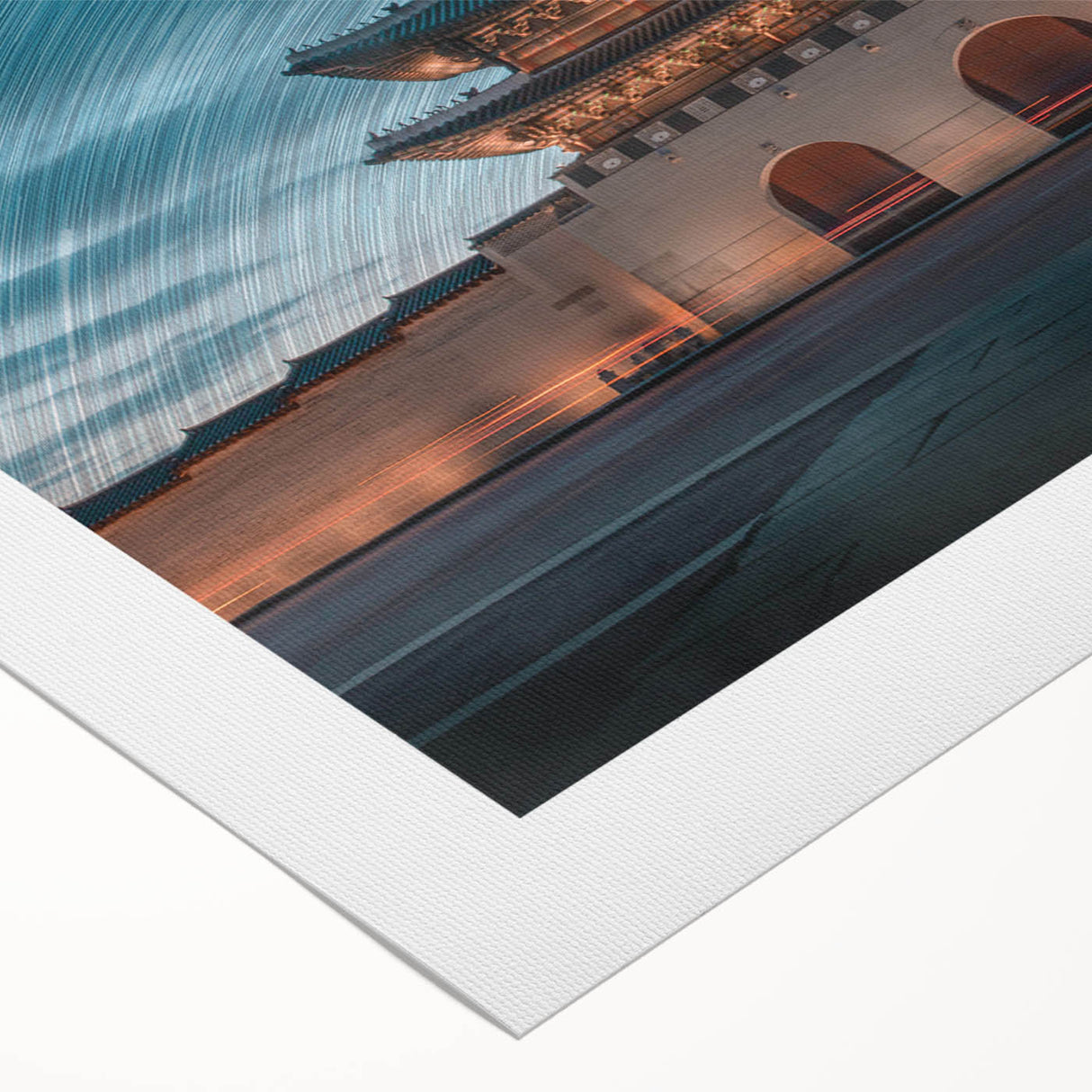 Art deco poster featuring a serene Korean landscape in muted green and blue tones on rolled canvas.