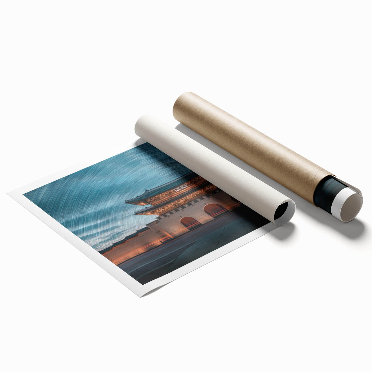 Extra large rolled canvas print featuring traditional Korean scenery in muted earth tones.