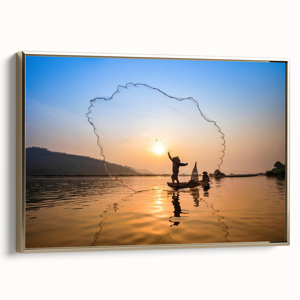 Framed canvas depicting a serene Laotian landscape in muted gold and black tones, suitable for bedroom wall art.