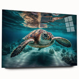Large abstract wall art of a Malaysian landscape in vibrant greens and blues on acrylic glass.