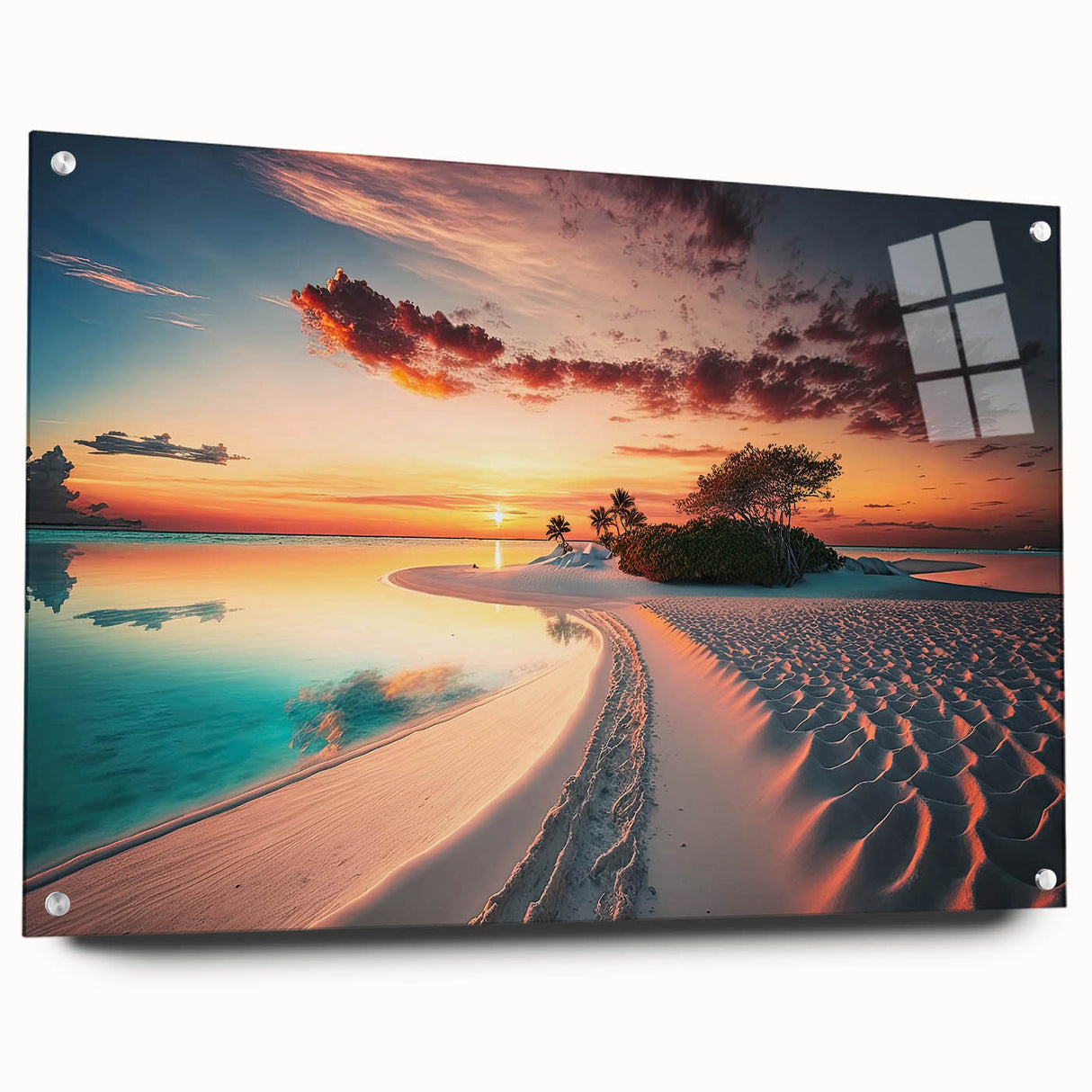 Acrylic print of a serene Maldivian landscape in cool blue tones, ideal for bedroom or dining room ambiance.