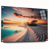 Acrylic print of a serene Maldivian landscape in cool blue tones, ideal for bedroom or dining room ambiance.