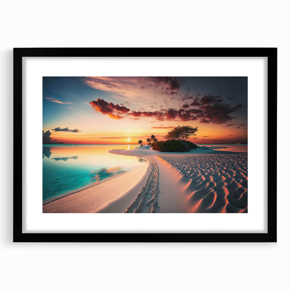 Extra large textured abstract art print of vibrant Maldivian scenery on a framed black mat, ideal for living room decor.