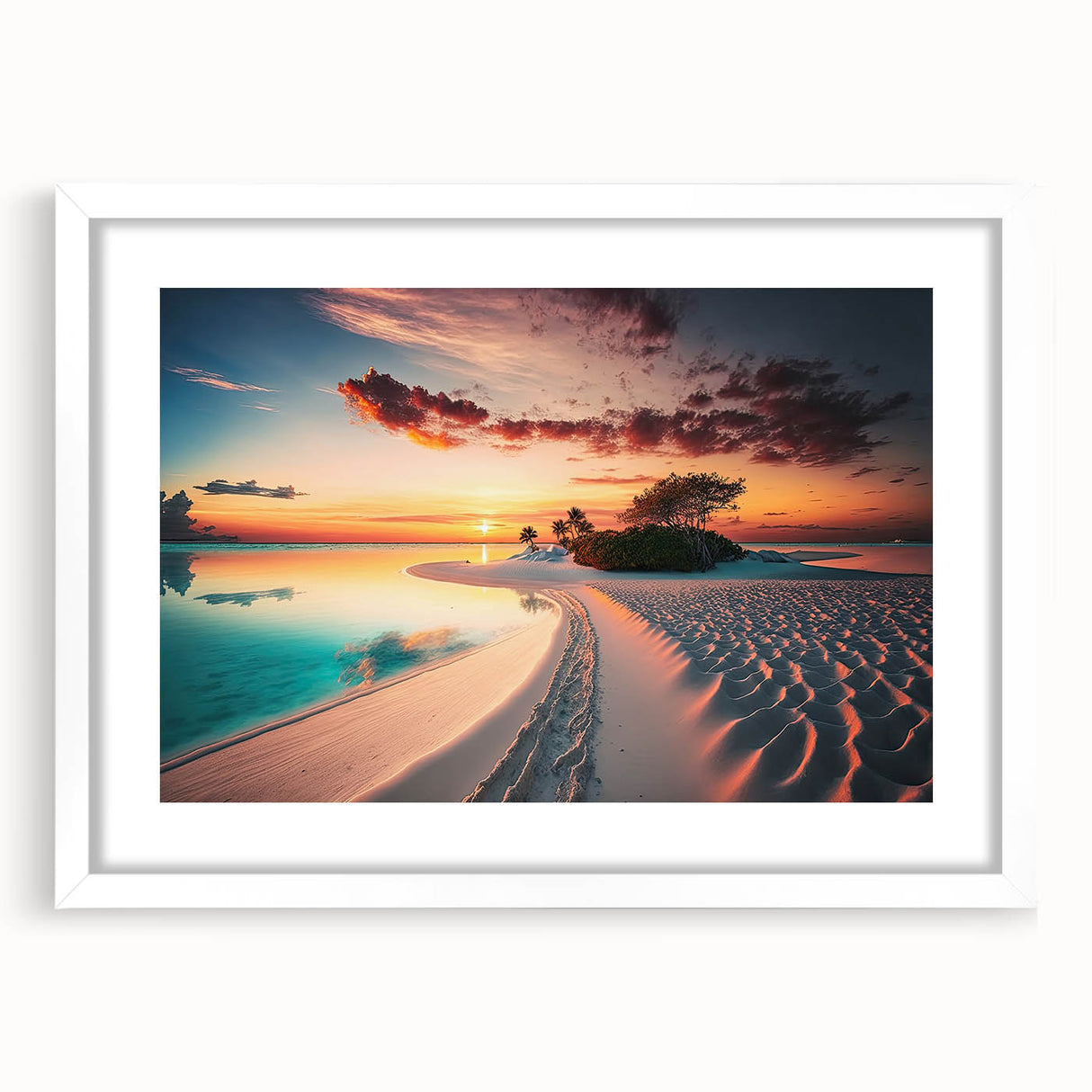 Abstract art print of Maldives scenery in muted blue and green tones, framed with a white mat.