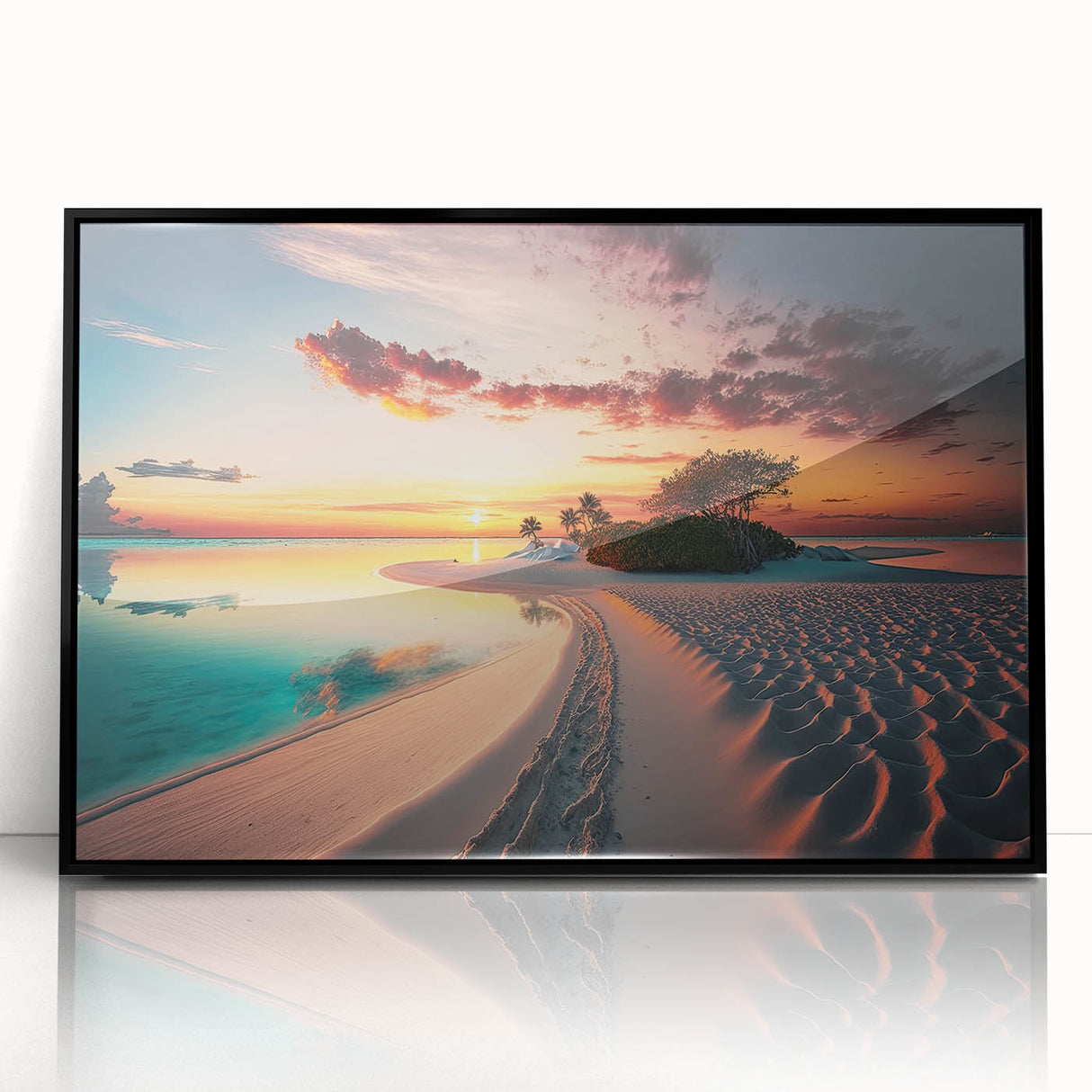 Large abstract wall art depicting a serene Maldives scenery in muted blue and white, framed in black acrylic.