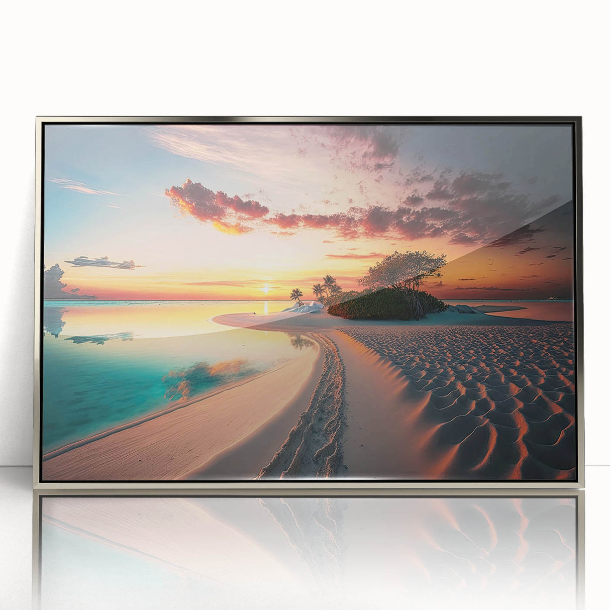 Mid-century modernist art depicting the Maldives in pastel shades, acrylic print framed in silver.