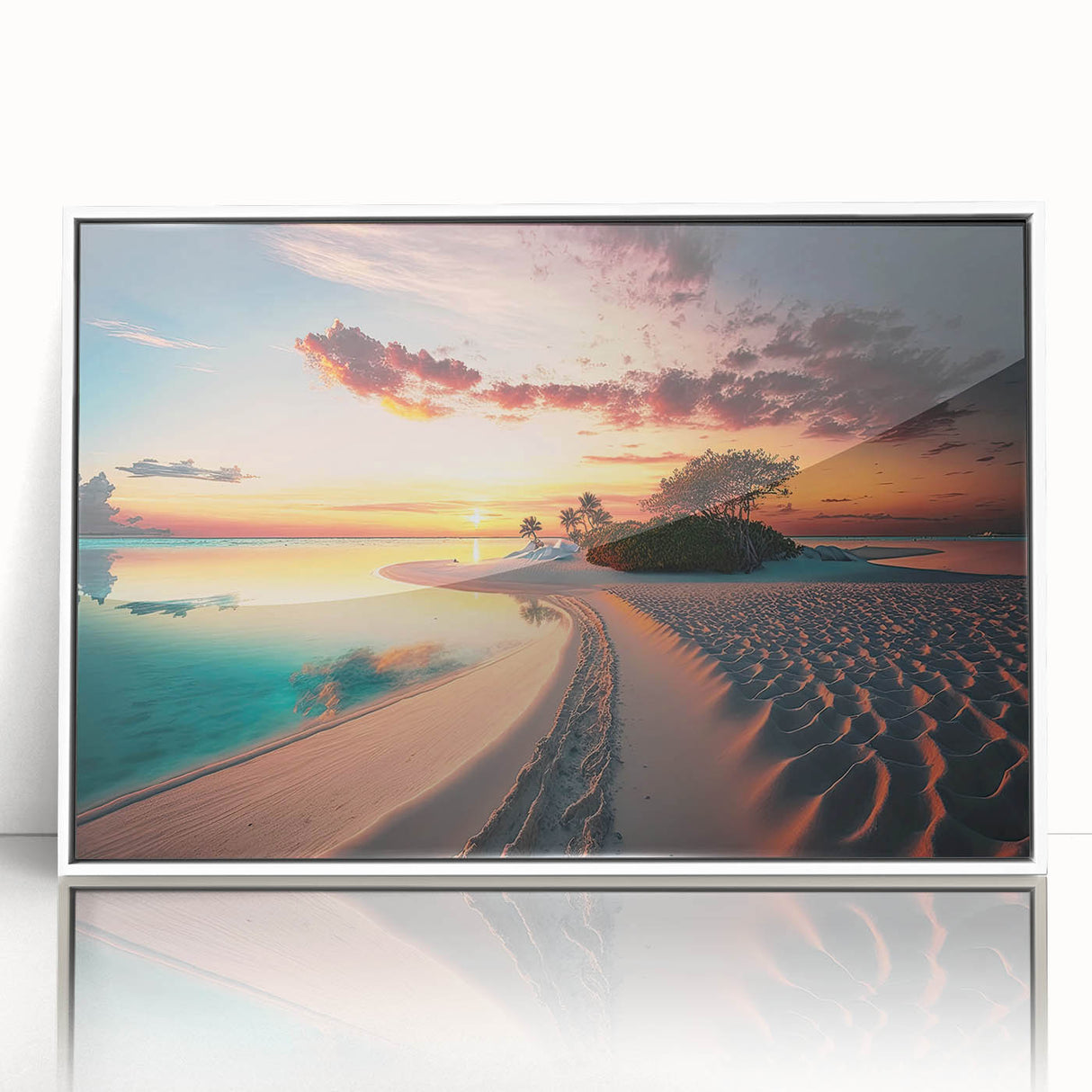 Acrylic print of a serene Maldives scenery in muted blue and white tones, framed in white, suitable for modern nursery decor.