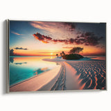 Framed canvas depicting a serene Maldivian landscape with soft blue and green tones.