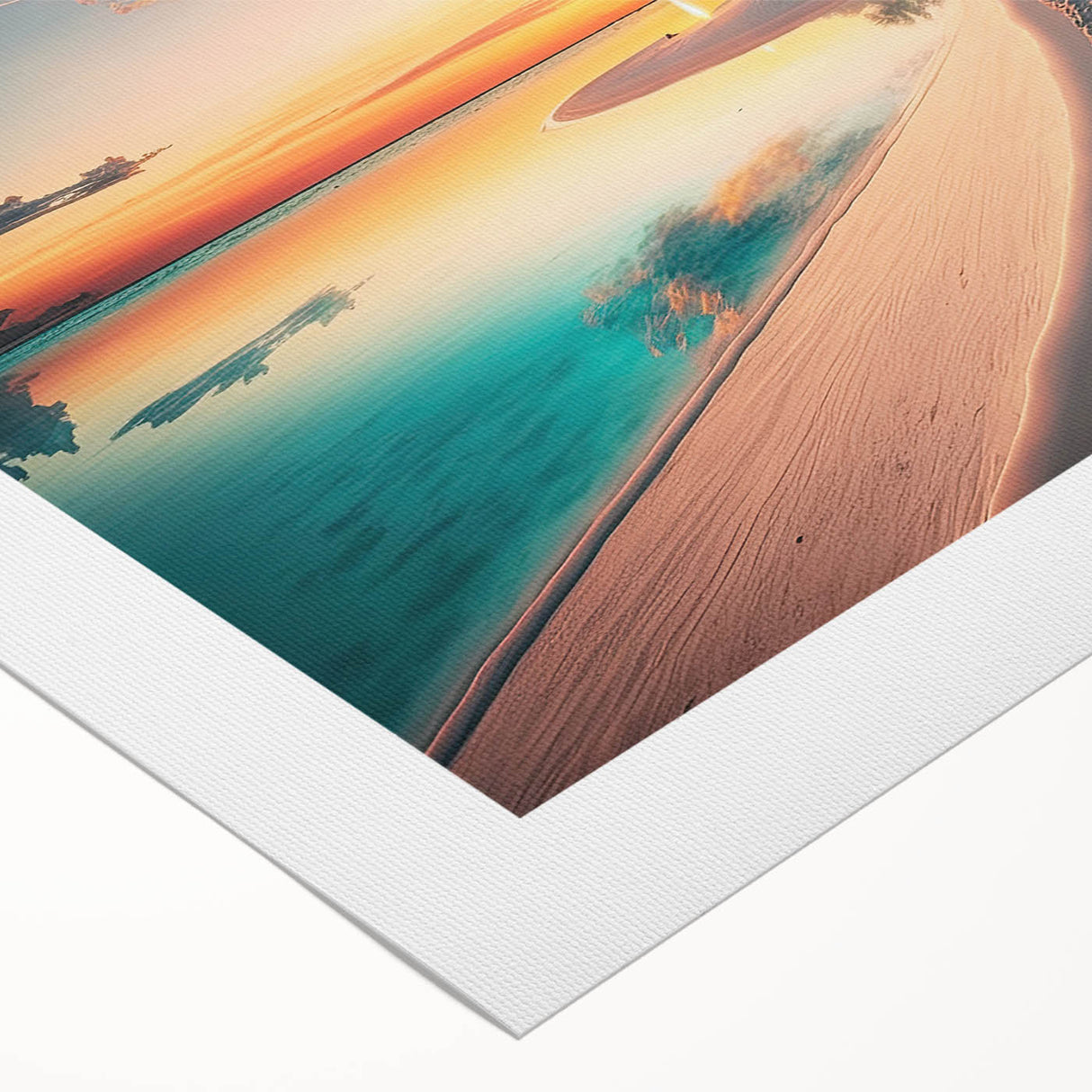 Art deco poster of a serene Maldives scenery on rolled canvas, with soft blue and white tones.